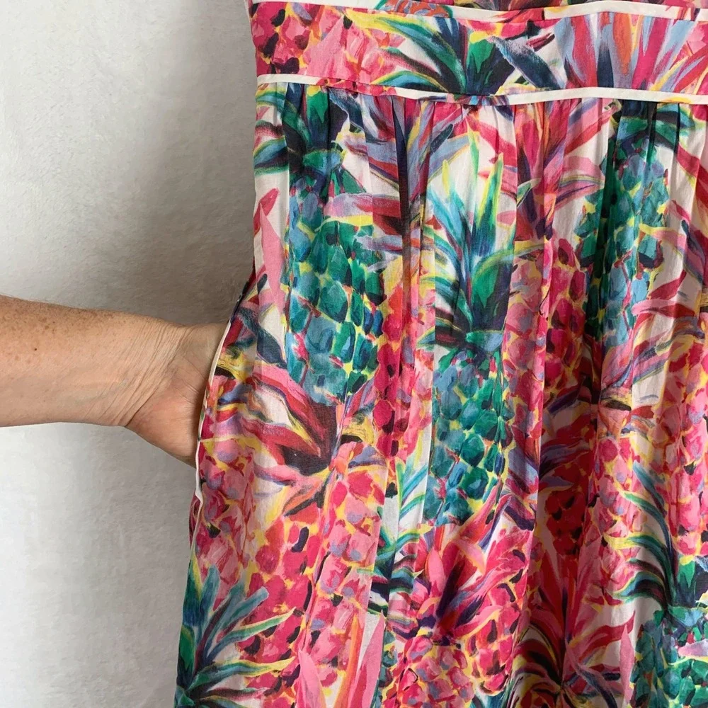 J.CREW Pineapple Print Tie Shoulder Cotton Midi Dress Sz 8 Pink Pockets